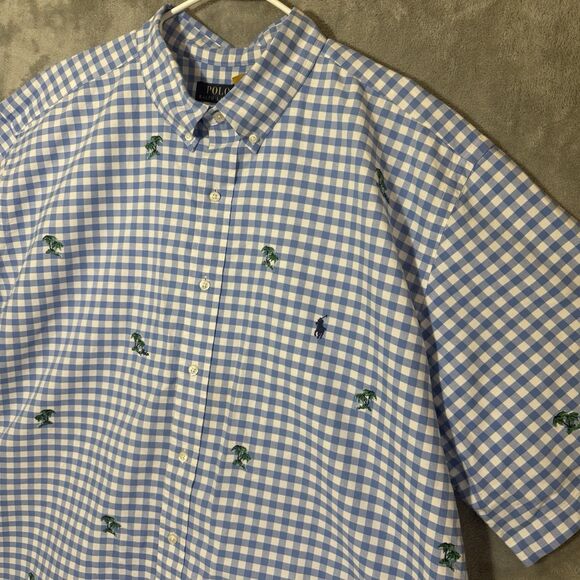 Polo Ralph Lauren Shirt Men 3XLT Tall Blue White Check Button Up SS Palm Trees